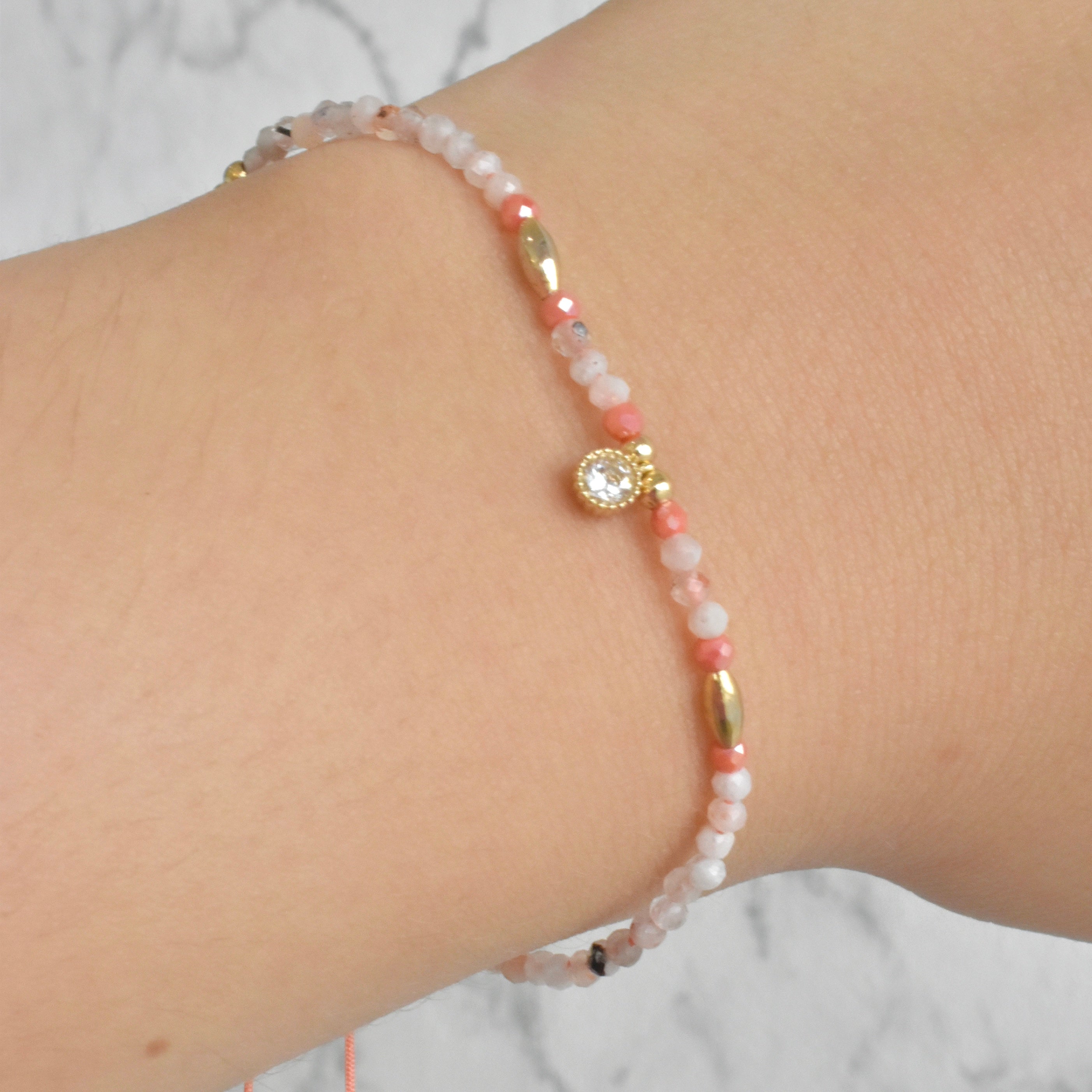Pulsera mini bolitas circonia (café, colores, morado, rosa)