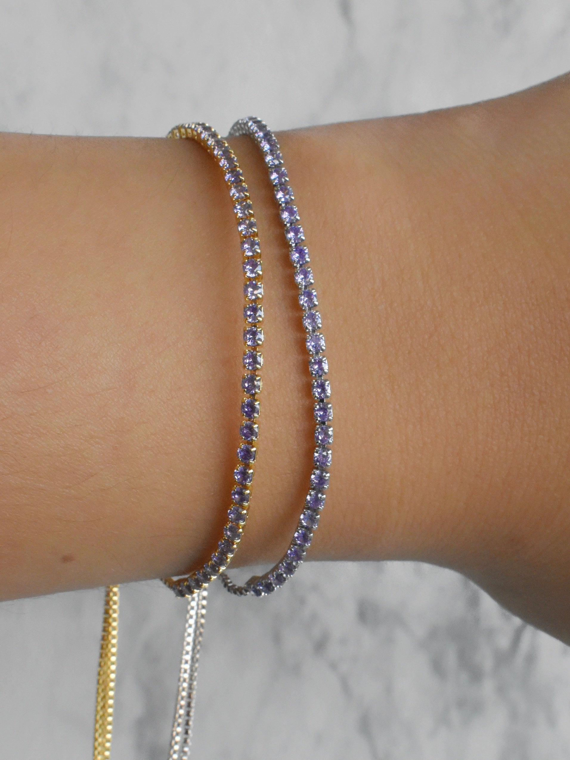 Pulsera tenis circonia morada (dorada o plateada)