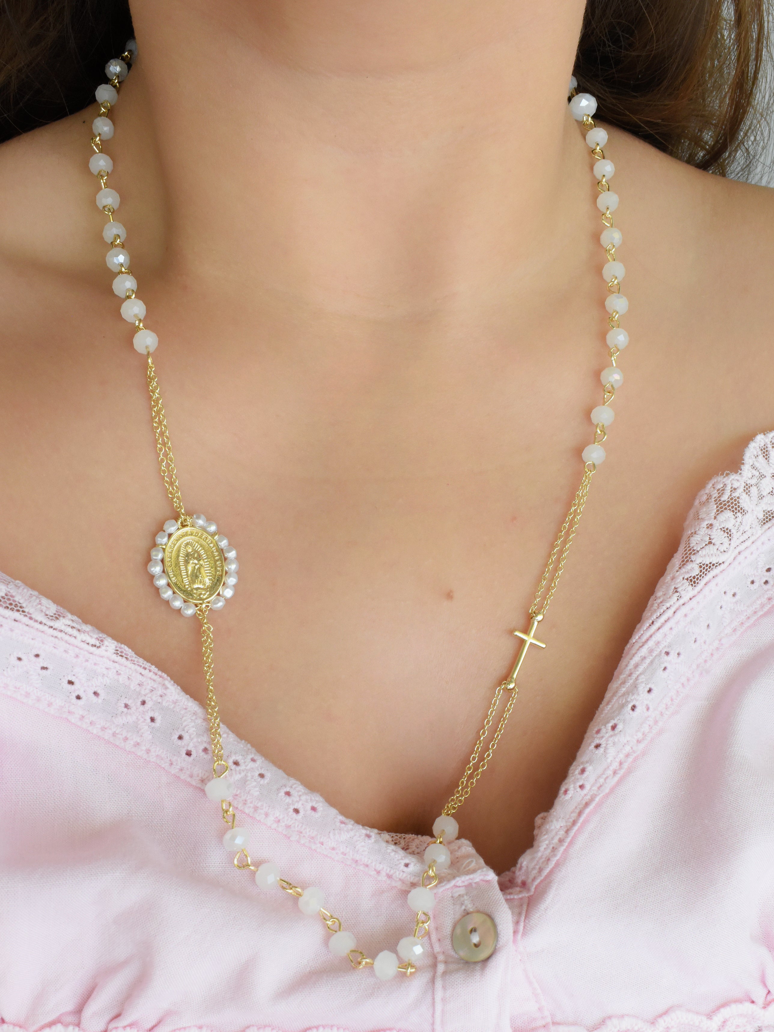 Collar Rosario cristal (negro, blanco, café o colores)