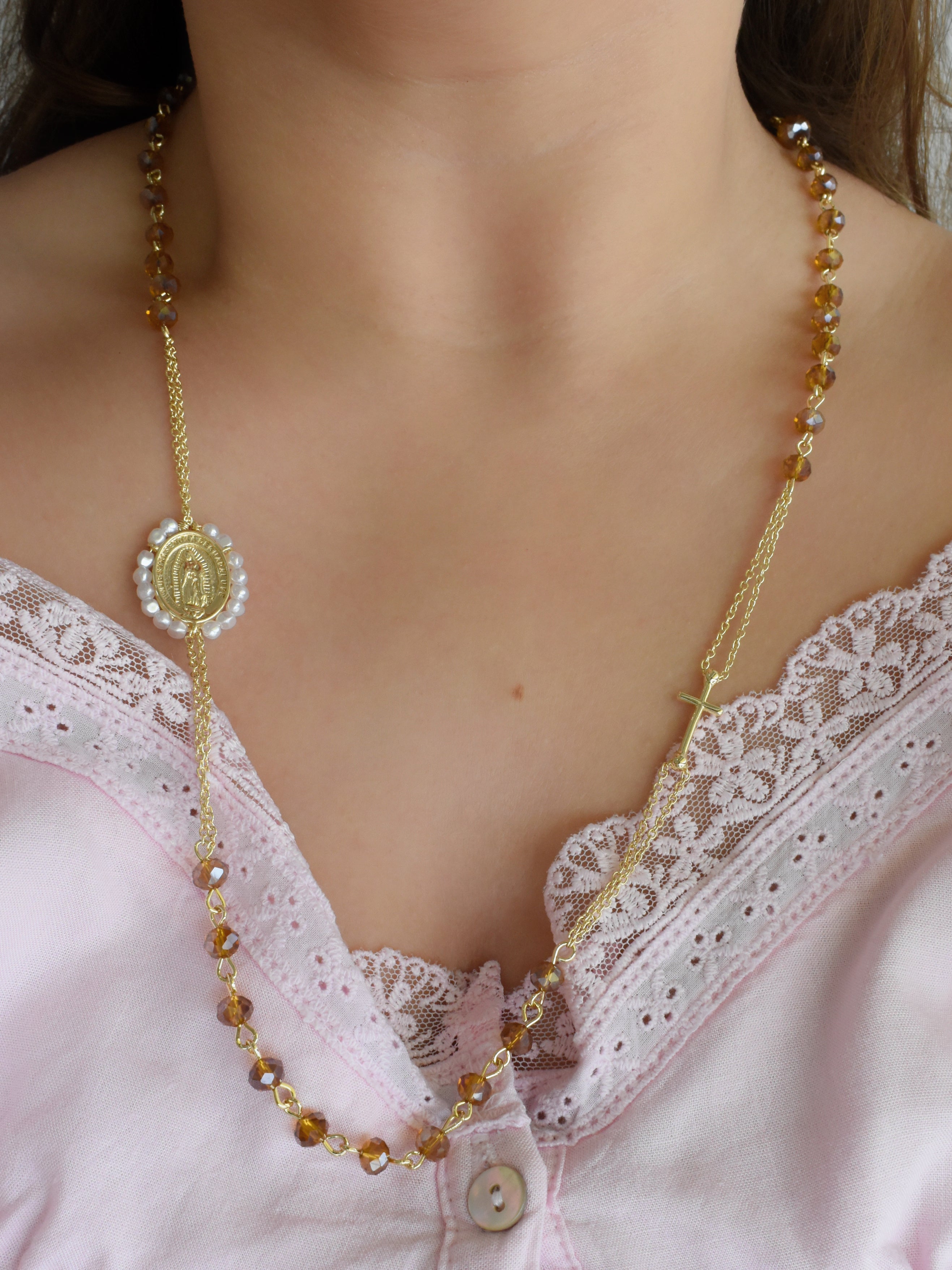 Collar Rosario cristal (negro, blanco, café o colores)
