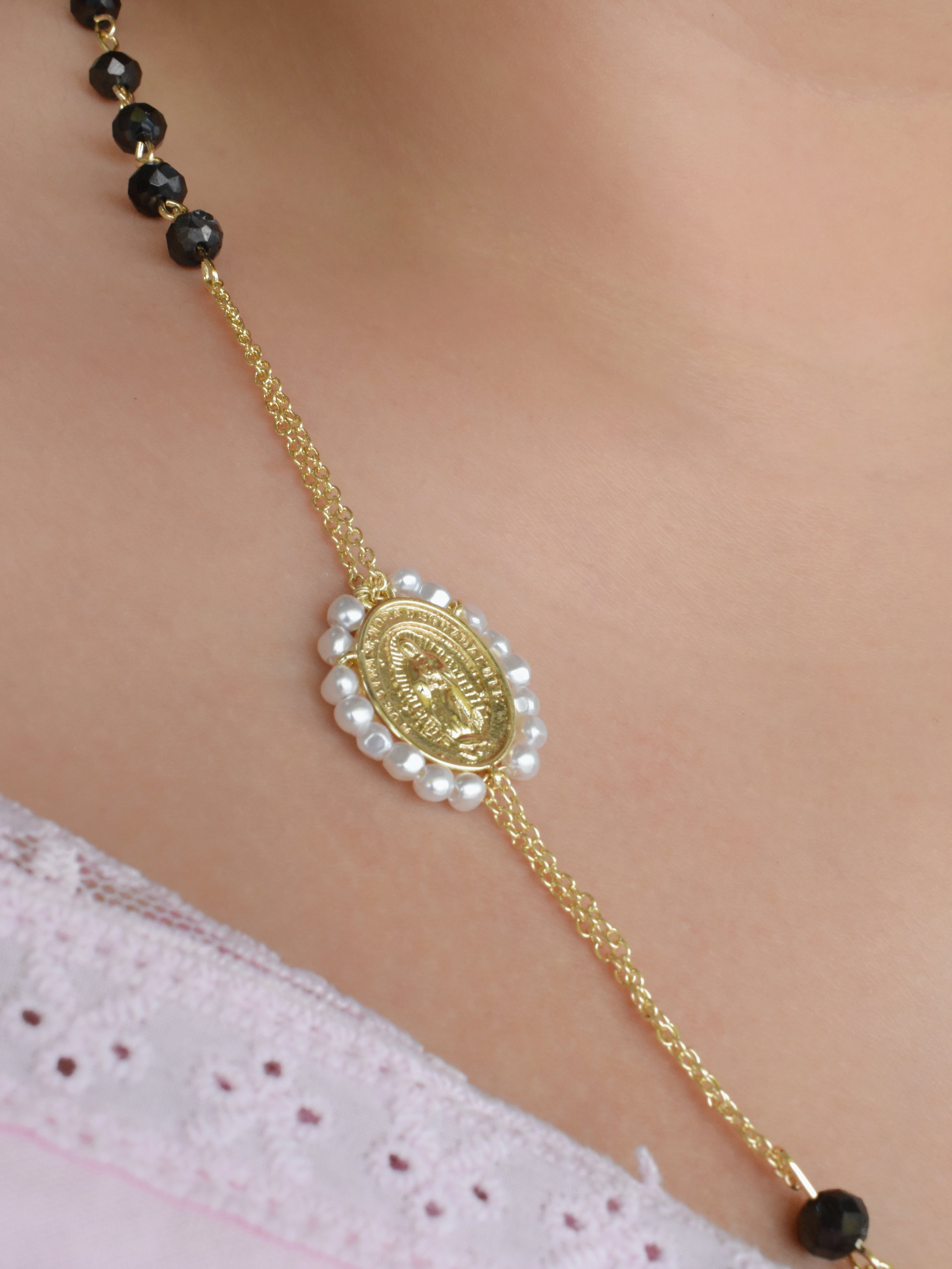 Collar Rosario cristal (negro, blanco, café o colores)