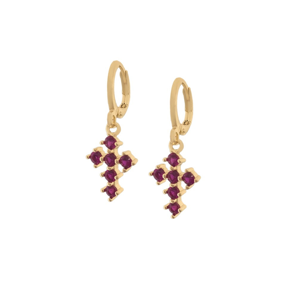 Aretes huggie dije cruz circonias rosa