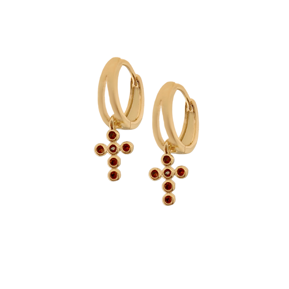 Aretes huggie dije cruz con circonias rojas