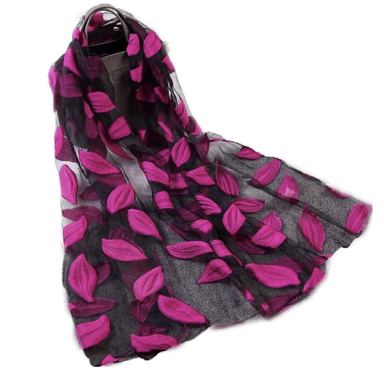 Pashmina de organza negra con hojas fuscia - BRANCHÉE