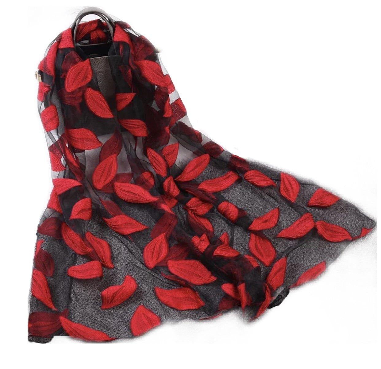 Pashmina de organza negra con hojas rojas - BRANCHÉE